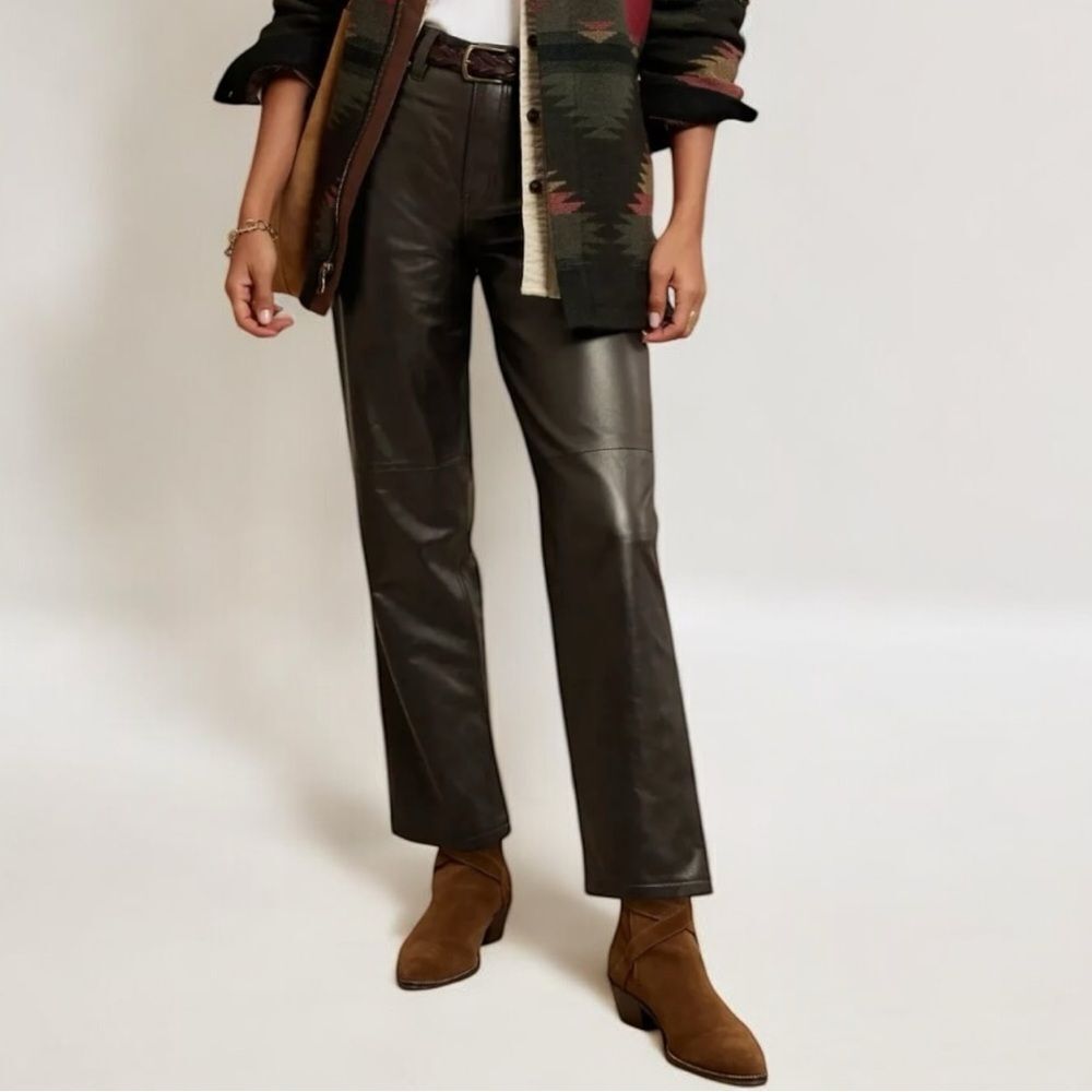 NWT BANANA REPUBLIC High Rise Straight Leg Brown Leather Pants 34 Short